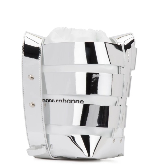 PACO RABANNE Silver Metallic Mirror Cage Faux Leather Large Bucket Bag - Picture 12 of 15